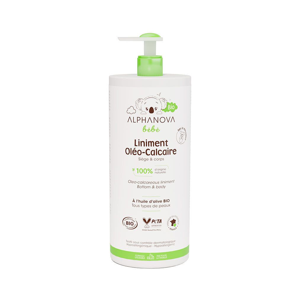 Weiße Flasche mit grünem Pumpkopf. Aufschrift: ALPHANOVA bébé, Liniment Oléo-Calcaire, 100% natürlichen Ursprungs.