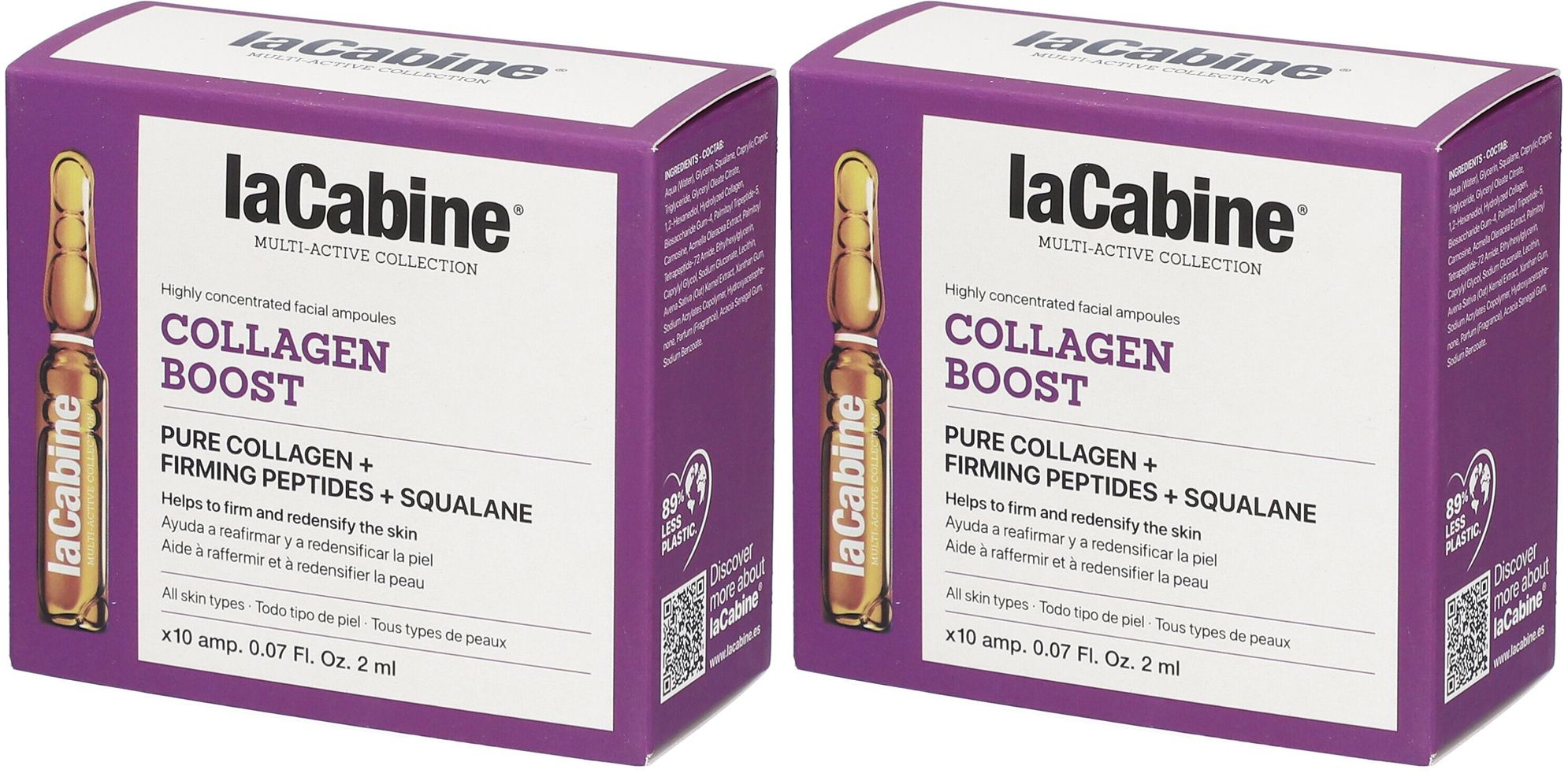 Zwei lila Kartons mit Ampullen. Aufschrift: laCabine Collagen Boost. Enthält reine Kollagen-Peptide und Squalan.