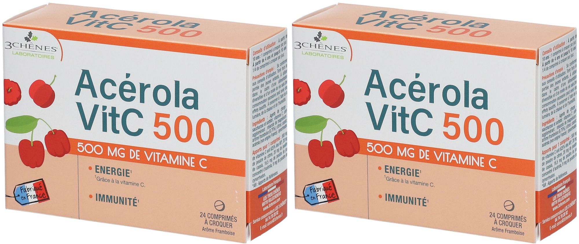 Deux boîtes Acerola VitC 500. Inscription : 500 mg de vitamine C, énergie, immunité. Illustration de cerises.