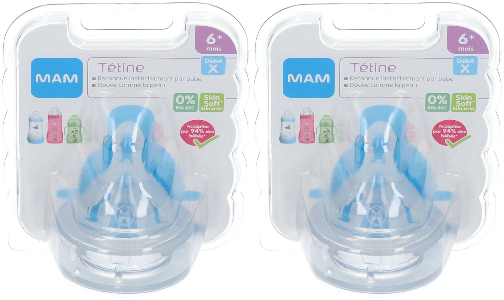 Deux tétines MAM en blister. Tétines bleues avec base transparente. Emballage avec logo, texte et indication d'âge.