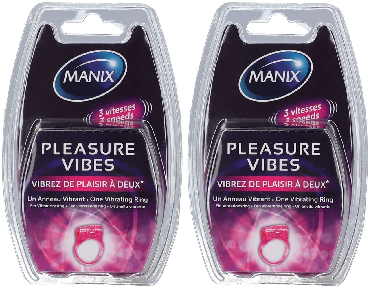 Zwei Packungen MANIX Pleasure Vibes. Jede Packung enthält einen Vibrationsring mit 3 Geschwindigkeiten. Verpackt in Blisterverpackung.