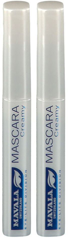 Deux tubes de mascara. Forme cylindrique blanc argenté. Inscriptions: MAVALA, MASCARA, Creamy, EYE-LITE DIVISION, SWITZERLAND.