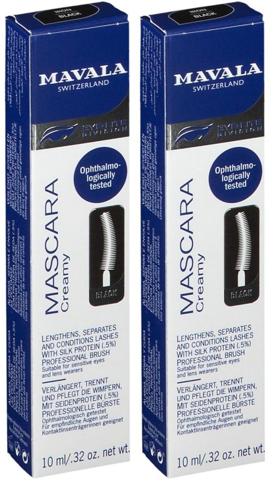Deux boîtes de mascara noir. Marque Mavala. Testé ophtalmologiquement. Brosse professionnelle. 10 ml.