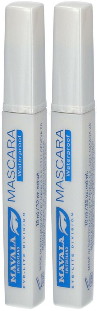 Zwei weiße Mascara-Tuben. Aufschrift: MAVALA, MASCARA Waterproof. 10 ml. Hergestellt in der Schweiz.