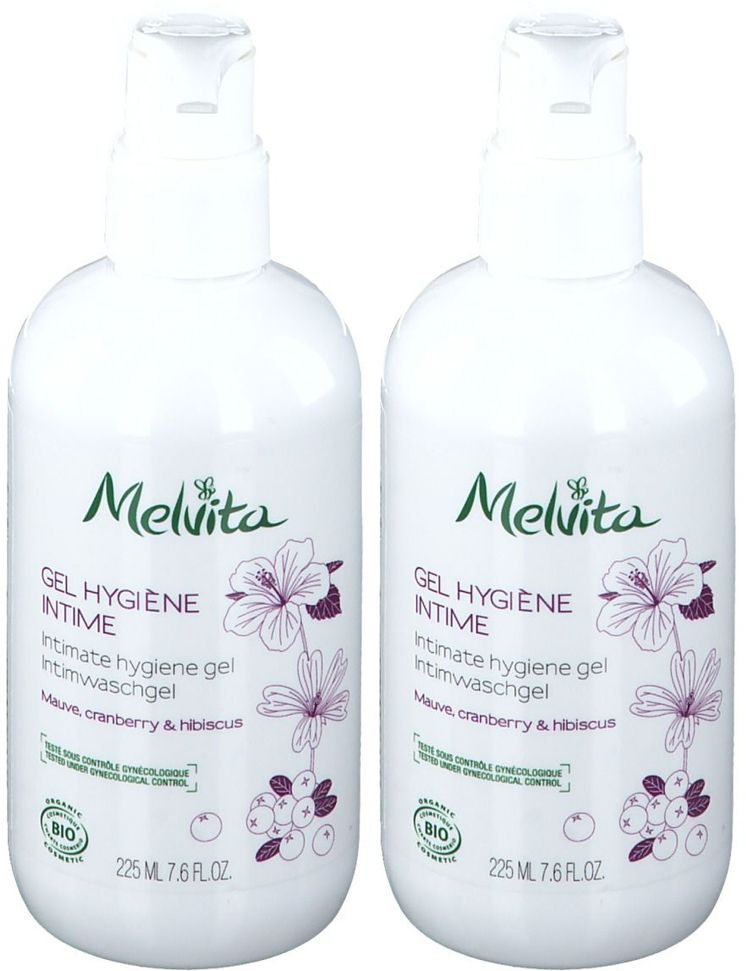 Deux flacons blancs de gel intime Melvita. Inscription : Gel Hygiène Intime, certification Bio, 225 ml.