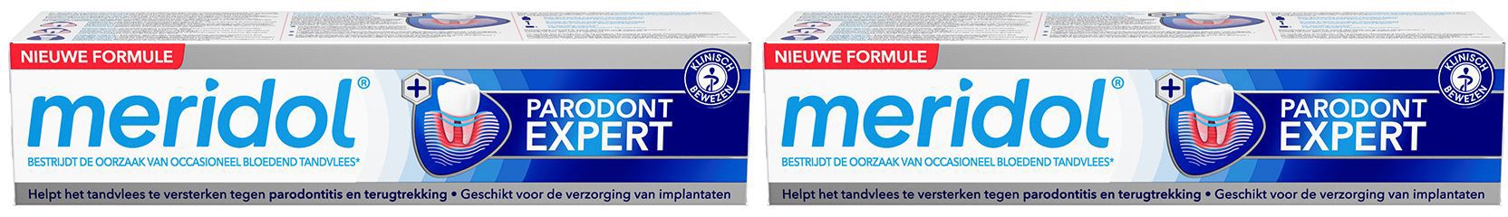 Deux boîtes de dentifrice. Inscription : Meridol Parodont Expert. Emballage bleu et blanc avec logo et nom du produit.