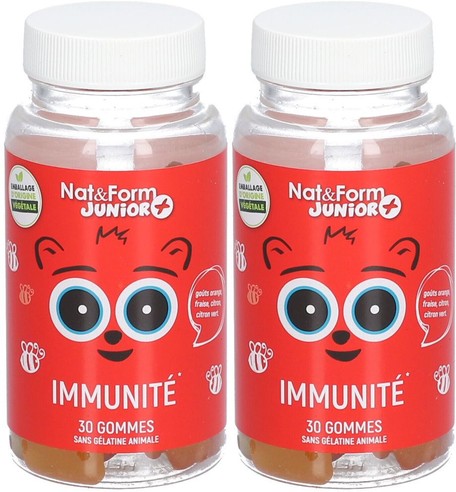 Deux flacons rouges. Inscription: Nat & Form Junior + Immunité. 30 gommes. Sans gélatine animale. Avec visage d'ours.