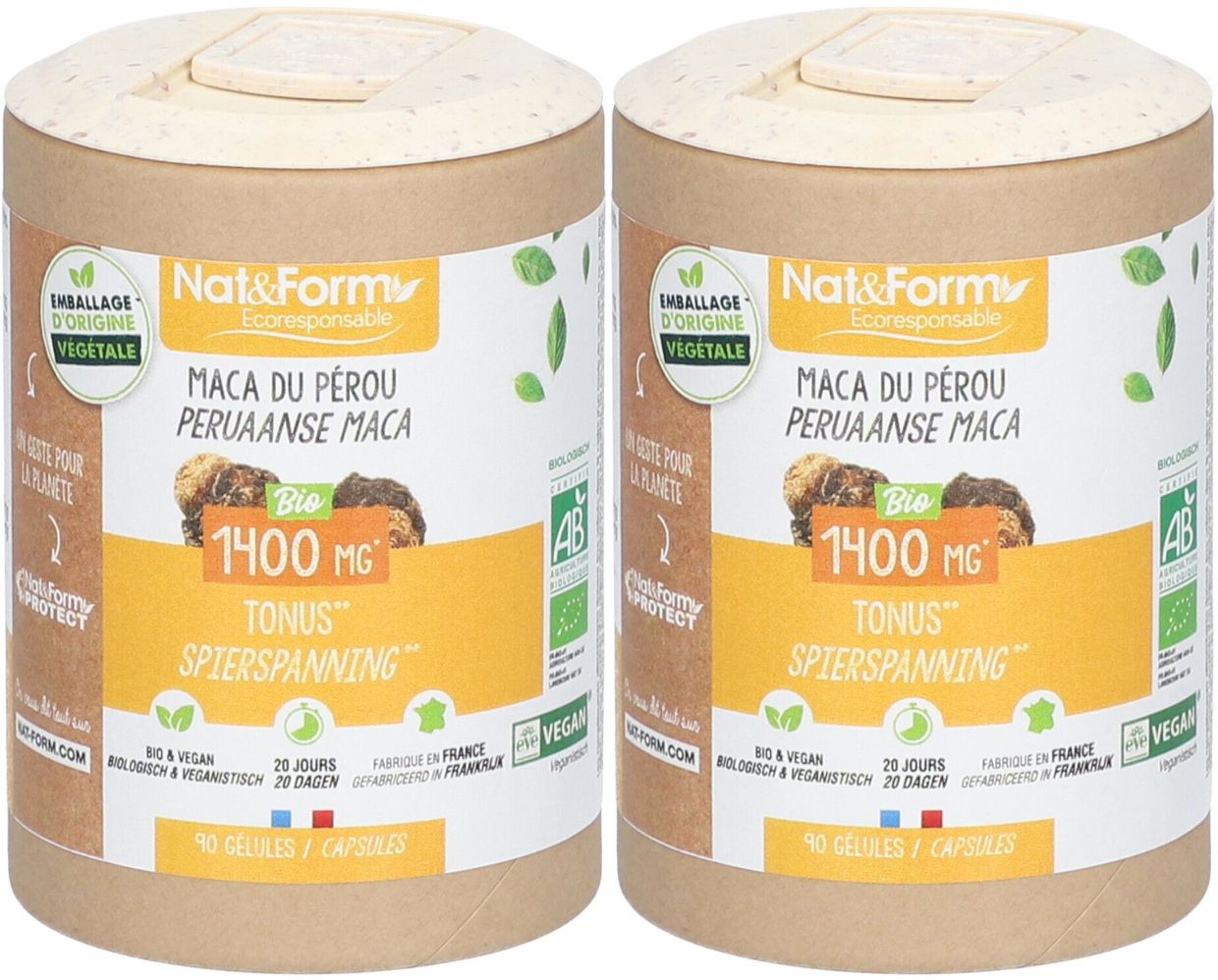Zwei zylindrische Behälter. Aufschrift: Nat&Form, Maca du Pérou, 1400 mg, Bio. Verpackung mit grünen Blättern und Vegan-Logo.