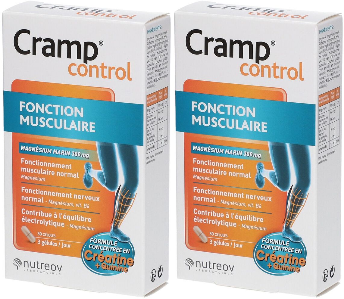 Deux boîtes "Cramp control". Éléments bleus et oranges. Texte : "Fonction musculaire". Contient des gélules.