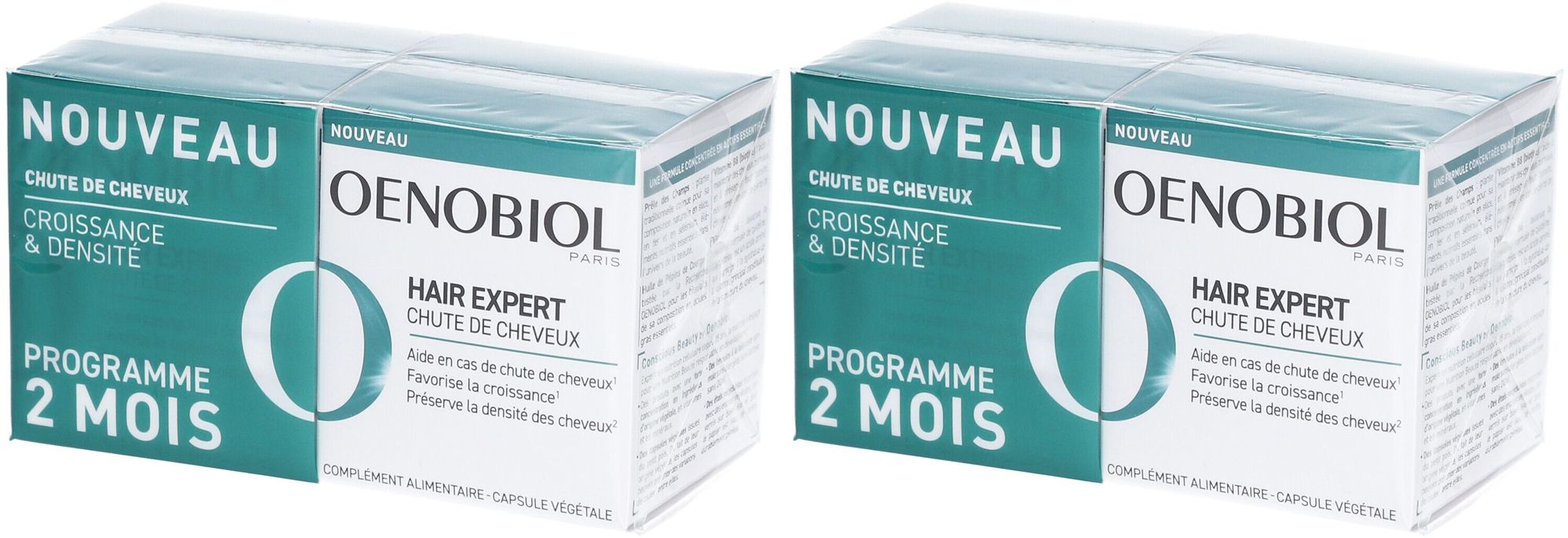 Zwei Packungen OENOBIOL Hair Expert. Aufschrift: Nouveau, Chute de Cheveux, Croissance & Densité, Programme 2 Mois.