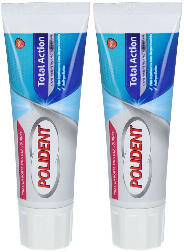 Zwei Tuben Polident Total Action Haftcreme. Weiße Tuben mit blauer und roter Beschriftung. GSK Logo.