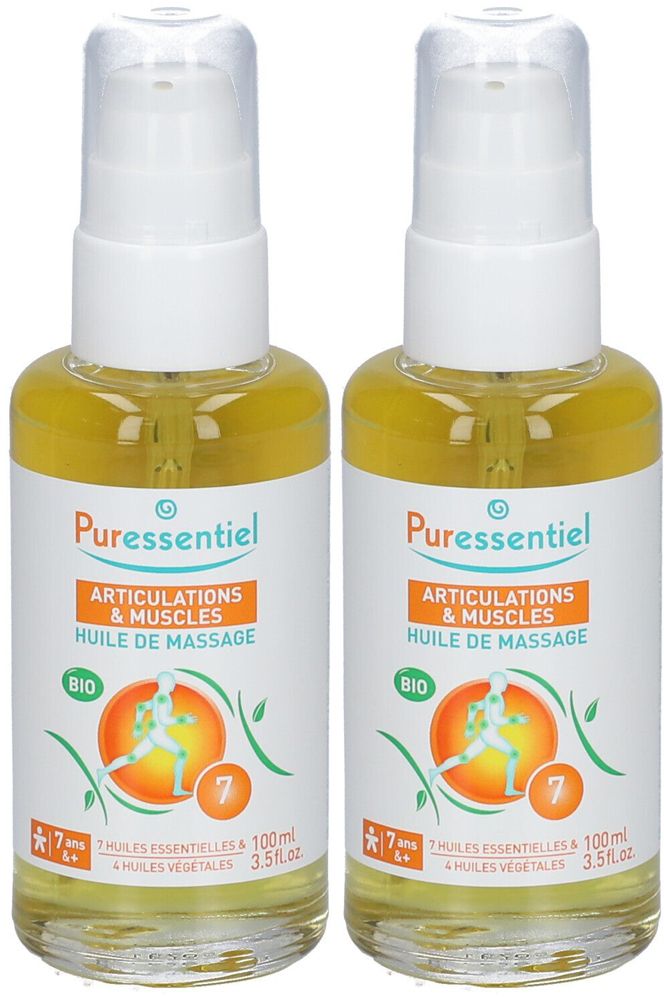 Zwei Flaschen mit Massageöl. Aufschrift: Puressentiel, Articulations & Muscles, Huile de Massage. BIO-Zertifizierung.