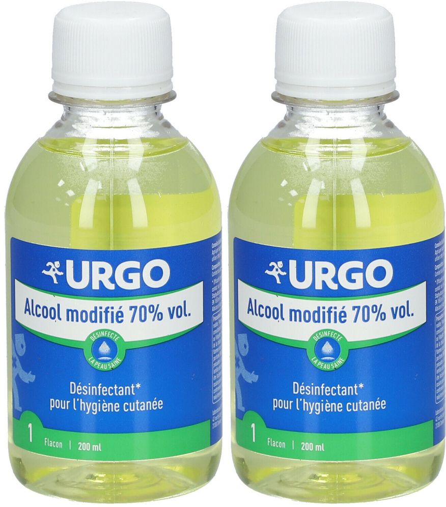 Deux flacons de liquide jaunâtre. Étiquettes bleues avec texte blanc: URGO, Alcool modifié 70% vol. Désinfectant pour l'hygiène cutanée.