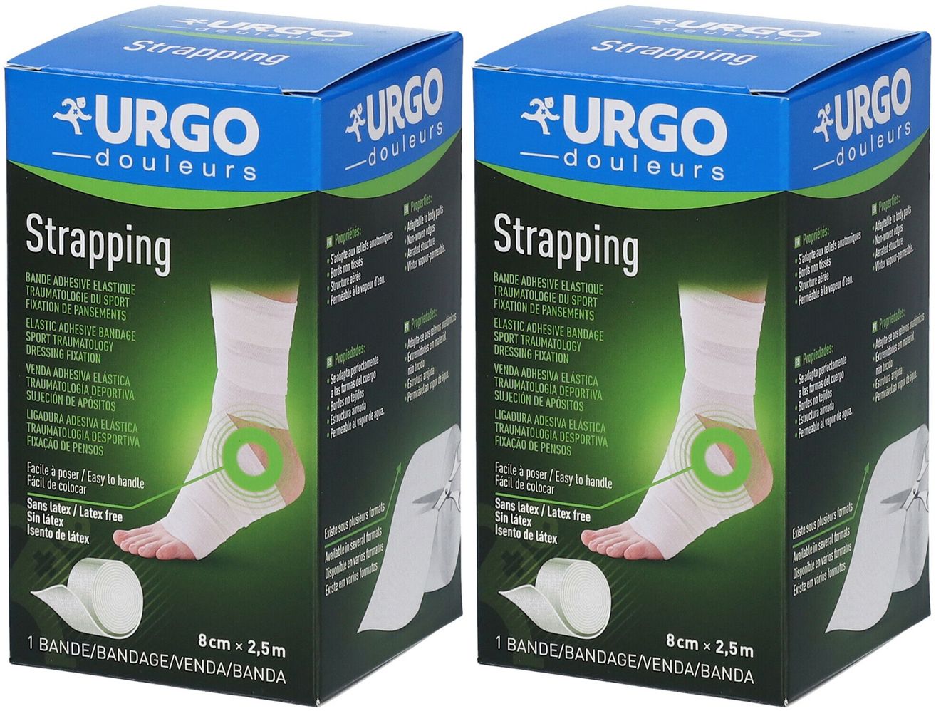Deux boîtes de Strapping URGO. Inscription : 8cm x 2,5m. Illustration : pied bandé. Texte : « Sans latex/Latex free ». Couleur dominante : bleu.