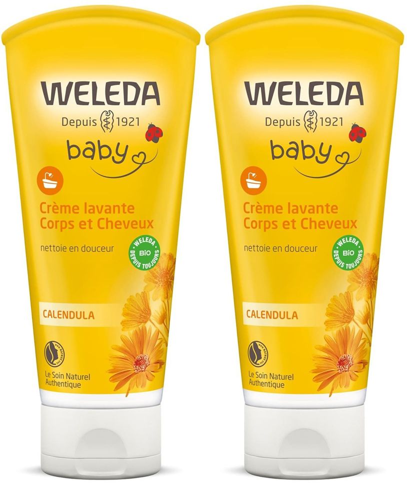Deux tubes jaunes WELEDA Baby Crème lavante Corps et Cheveux Calendula. Label bio visible.