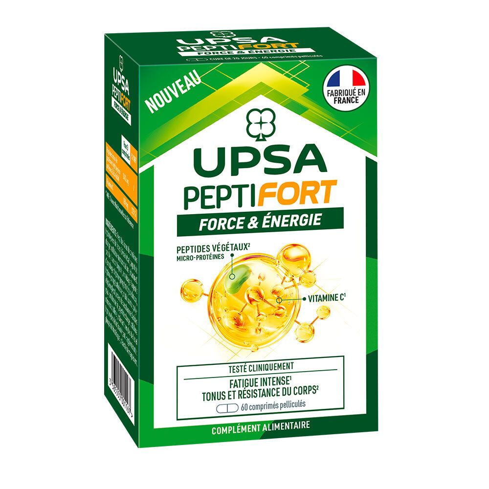 Grüne Schachtel mit UPSA PEPTIFORT. Enthält 60 Tabletten. Französische Flagge. 'Nouveau' und 'Fabriqué en France'.