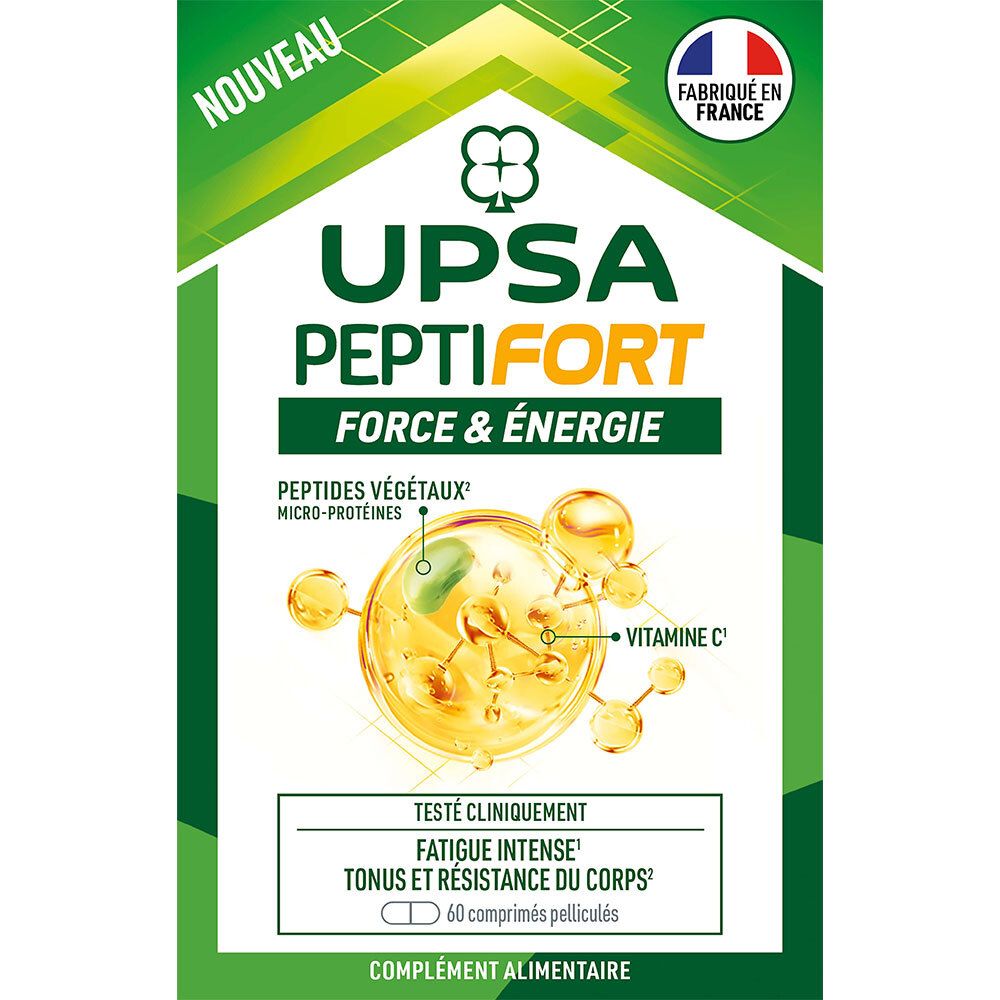 UPSA PEPTIFORT-Verpackung. Grüne Verpackung mit Produktnamen und Logo. Enthält 60 Tabletten. 'Fabriqué en France'.