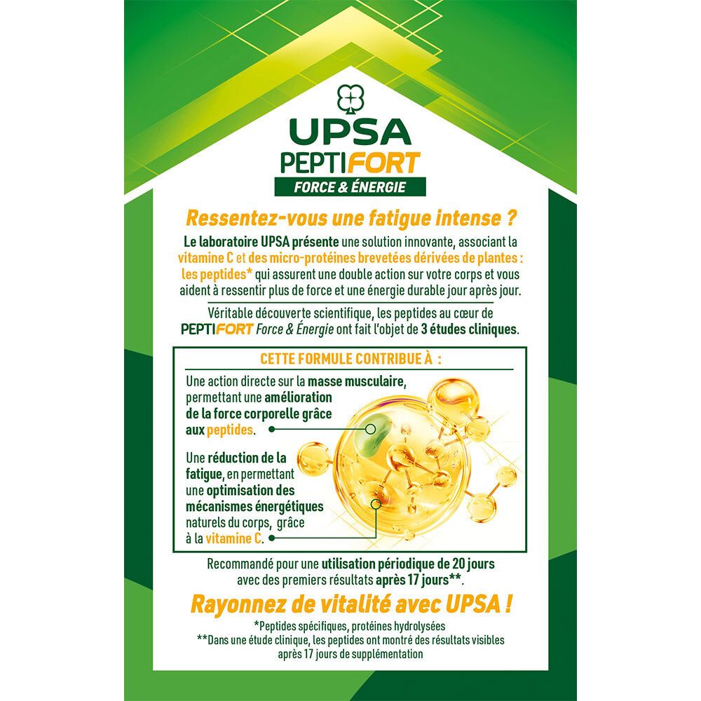 Rückseite der UPSA PEPTIFORT-Verpackung. Text in Französisch. Enthält Informationen über das Produkt und seine Inhaltsstoffe.
