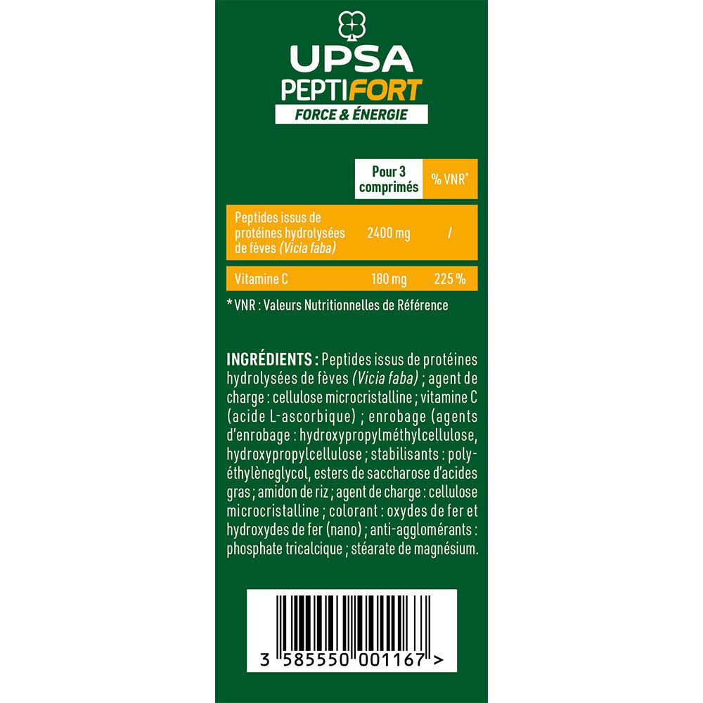 Rückseite der UPSA PEPTIFORT-Verpackung. Enthält Nährwertangaben und Zutatenliste. Text in Französisch.
