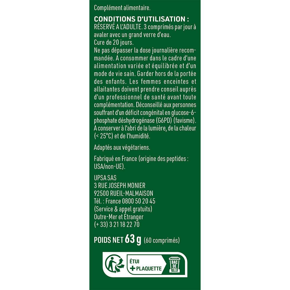 Rückseite der UPSA PEPTIFORT-Verpackung. Enthält Anwendungshinweise und Kontaktinformationen. Text in Französisch.