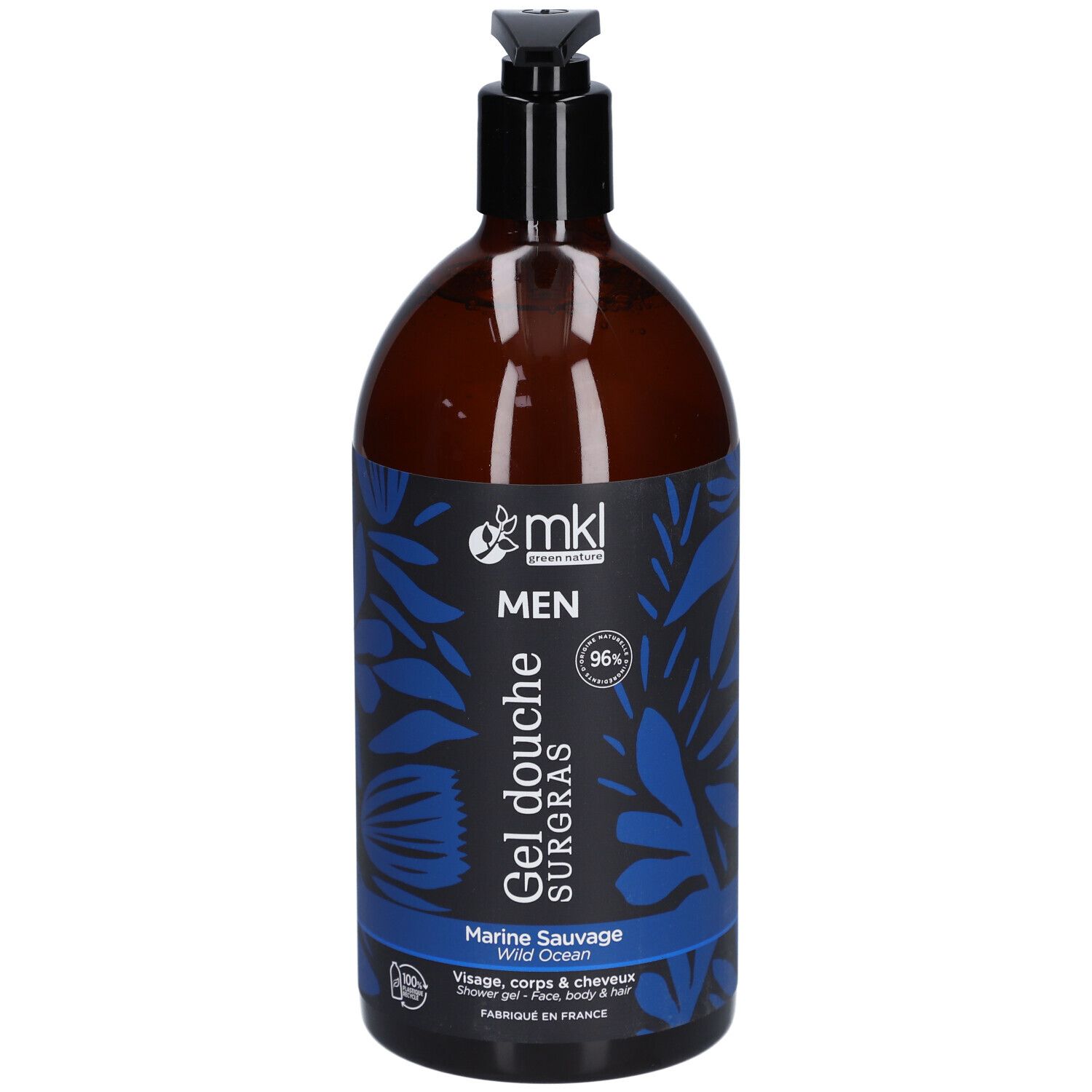 Flacon marron avec pompe noire. Étiquettes bleues avec texte: "Gel douche", "Marine Sauvage", "MEN".