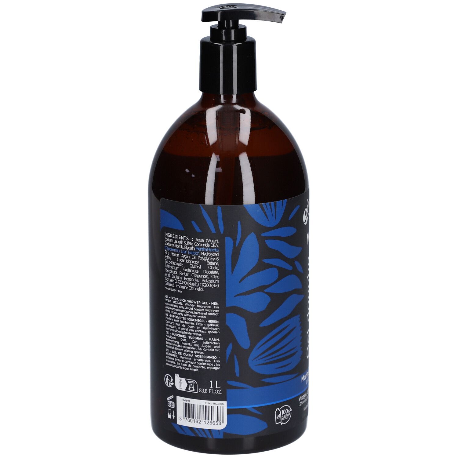 Vue arrière d'une bouteille marron avec pompe noire. Étiquettes bleues avec ingrédients et texte.