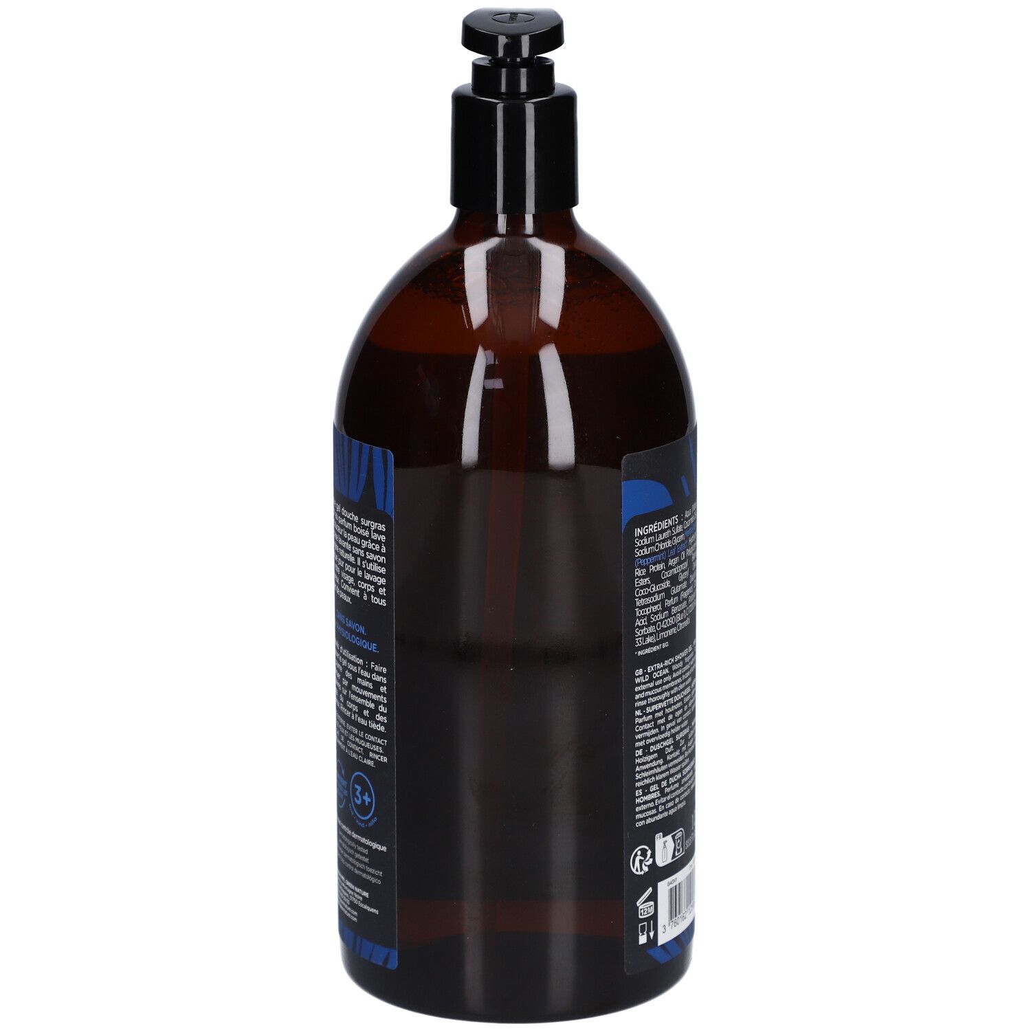 Vue arrière d'une bouteille marron avec pompe noire. Étiquettes bleues avec texte et informations.