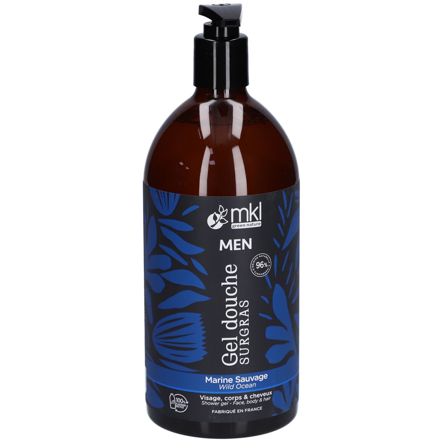 Flacon marron avec pompe noire. Étiquettes bleues avec texte: "Gel douche", "Marine Sauvage", "MEN".