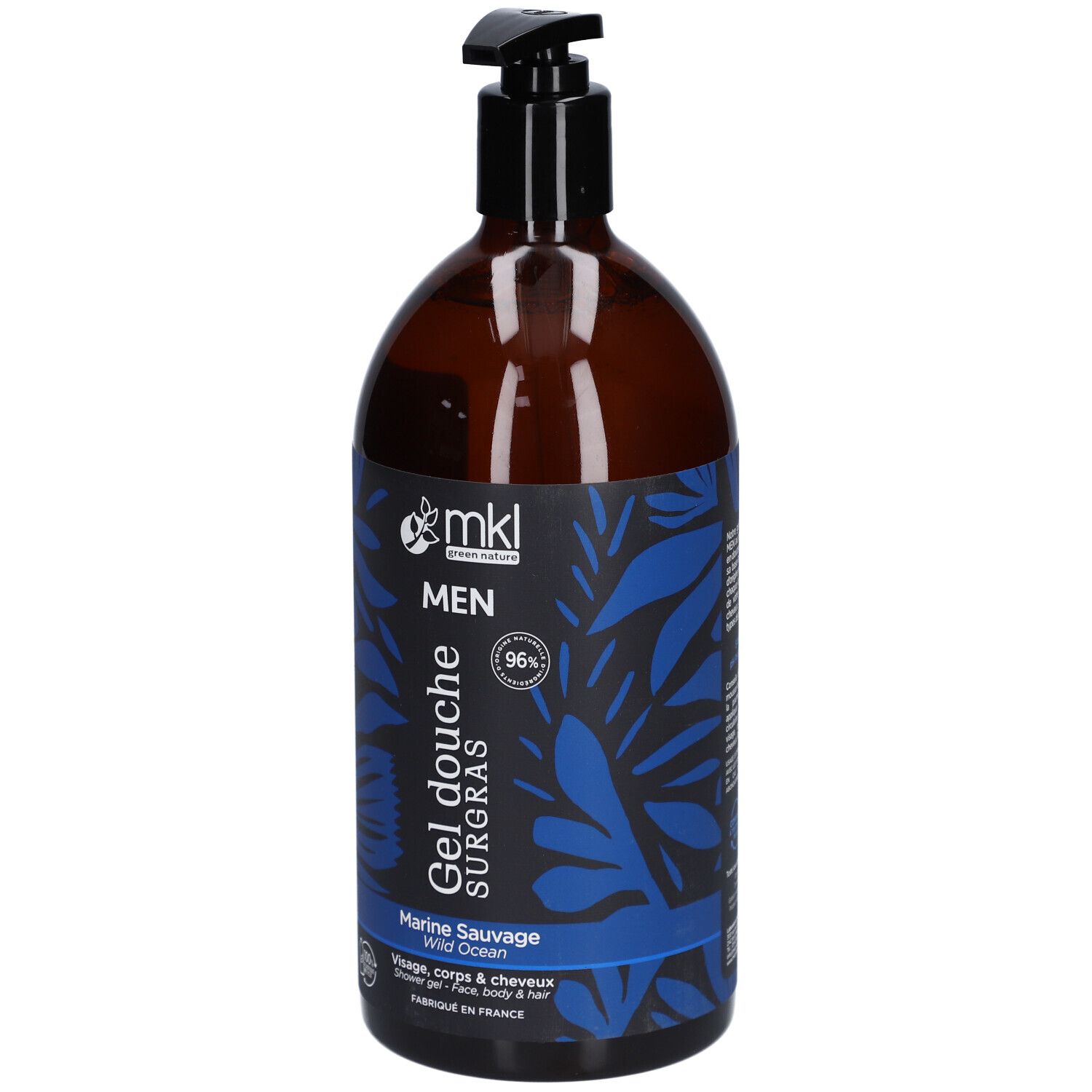 Flacon marron avec pompe noire. Étiquettes bleues avec texte: "Gel douche", "Marine Sauvage", "MEN".