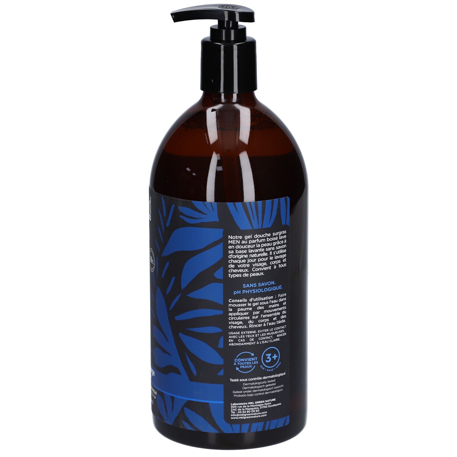 Vue arrière d'une bouteille marron avec pompe noire. Étiquettes bleues avec texte et informations.