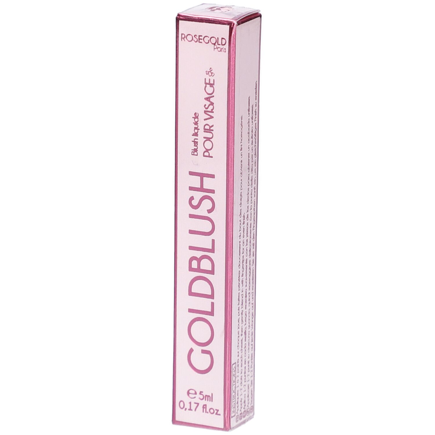 Rosafarbene Verpackung mit Produktnamen GOLDBLUSH. Text: Blush liquide POUR VISAGE. Volumen: 5ml.