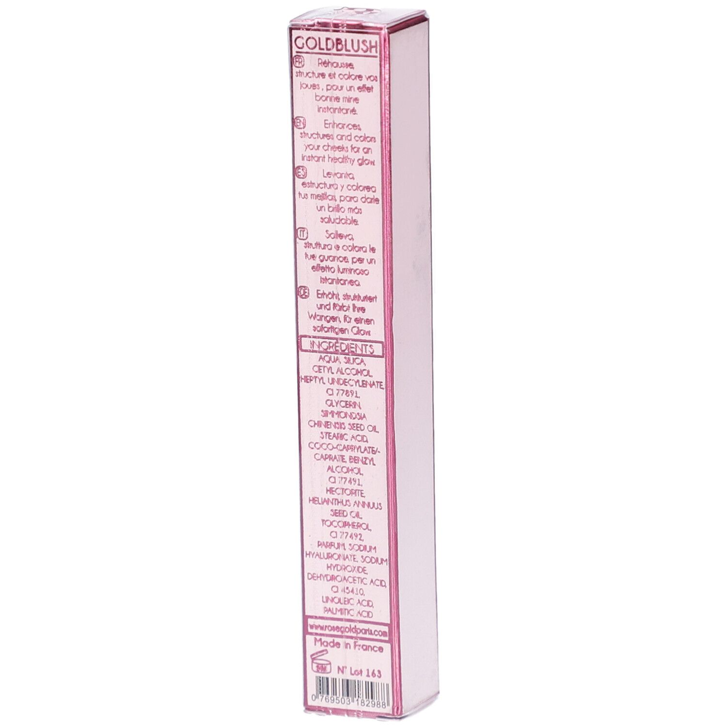 Rosafarbene Verpackung mit Inhaltsstoffen und Anweisungen. Produktname GOLDBLUSH. Text: Blush liquide POUR VISAGE.
