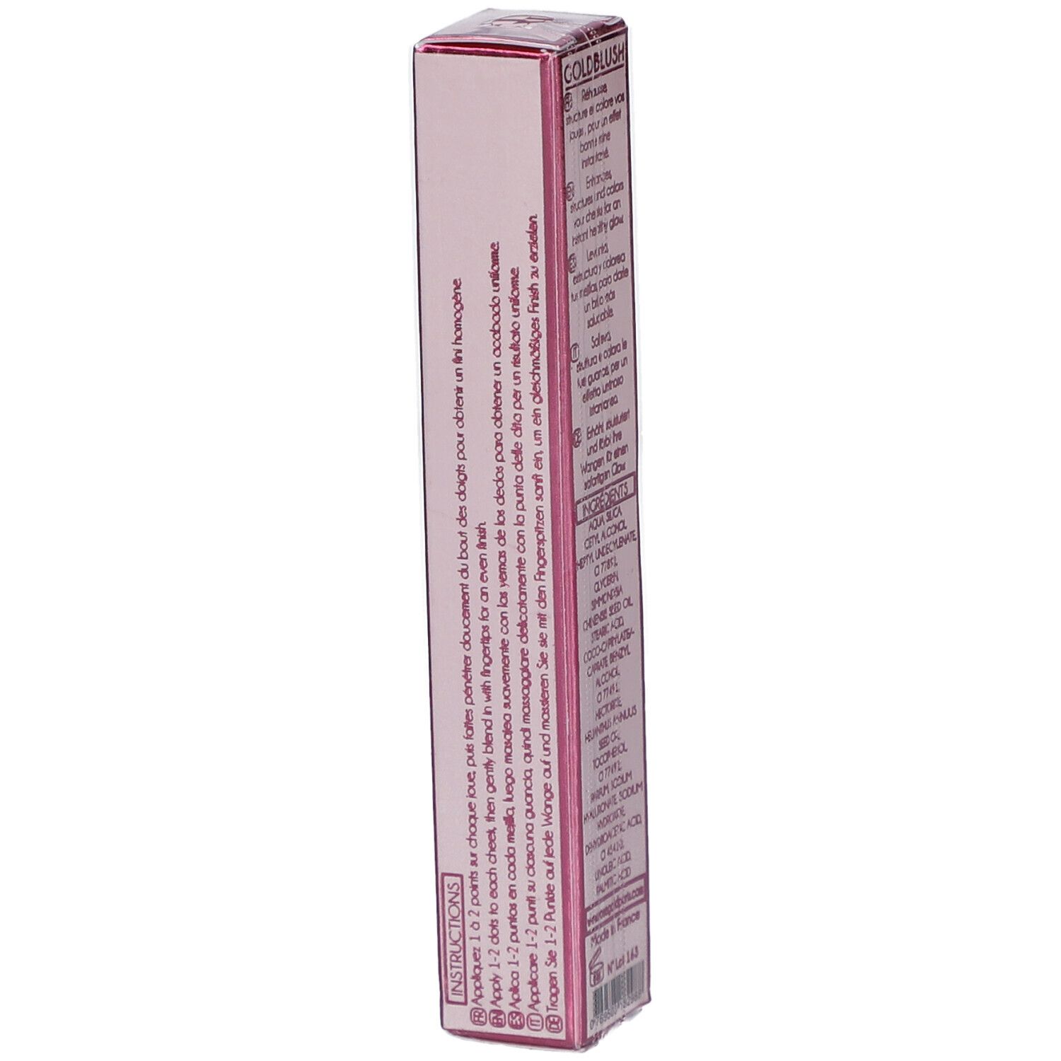 Rosafarbene Verpackung mit Anweisungen. Produktname GOLDBLUSH. Text: Blush liquide POUR VISAGE.