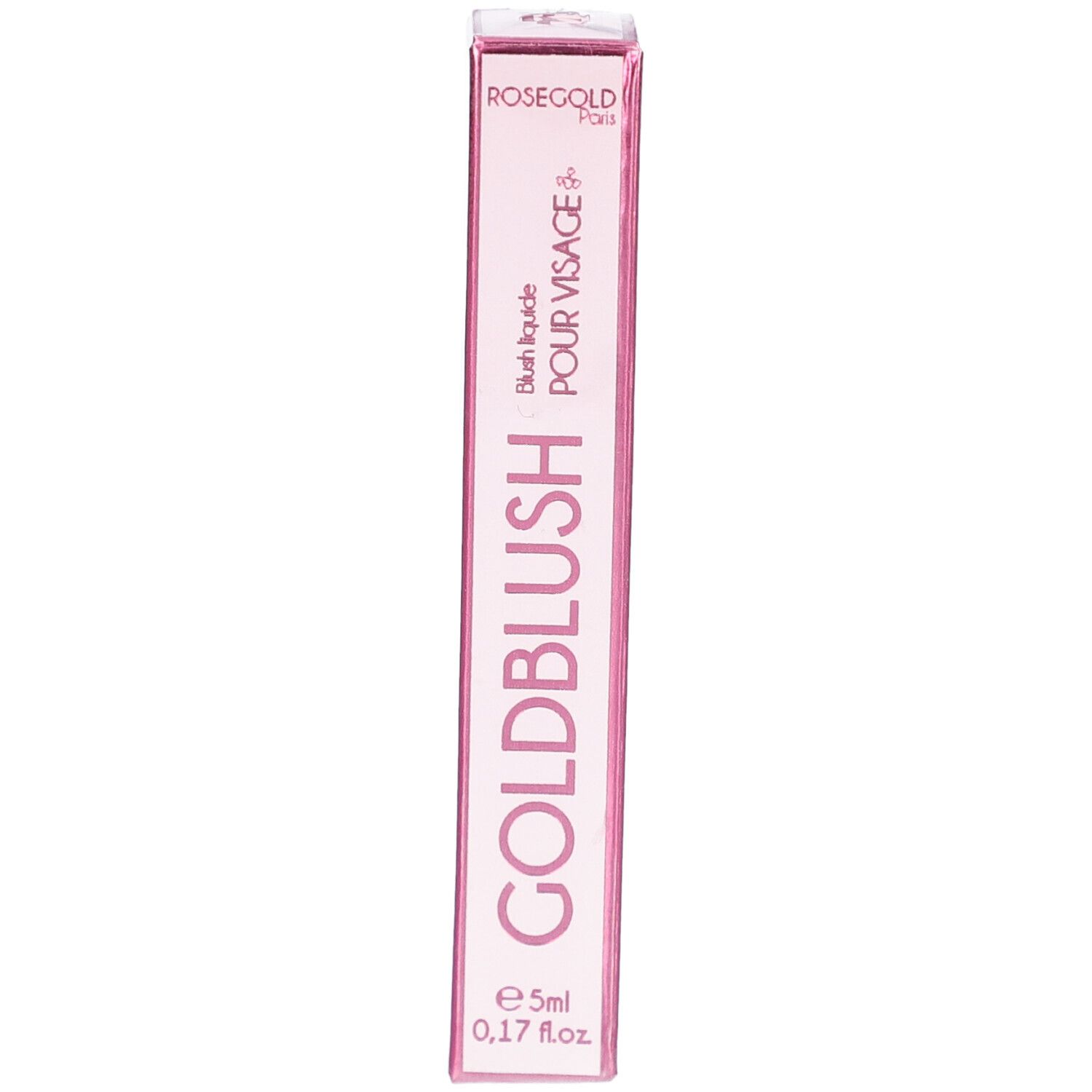 Rosafarbene Verpackung mit Produktnamen GOLDBLUSH. Text: Blush liquide POUR VISAGE. Volumen: 5ml.