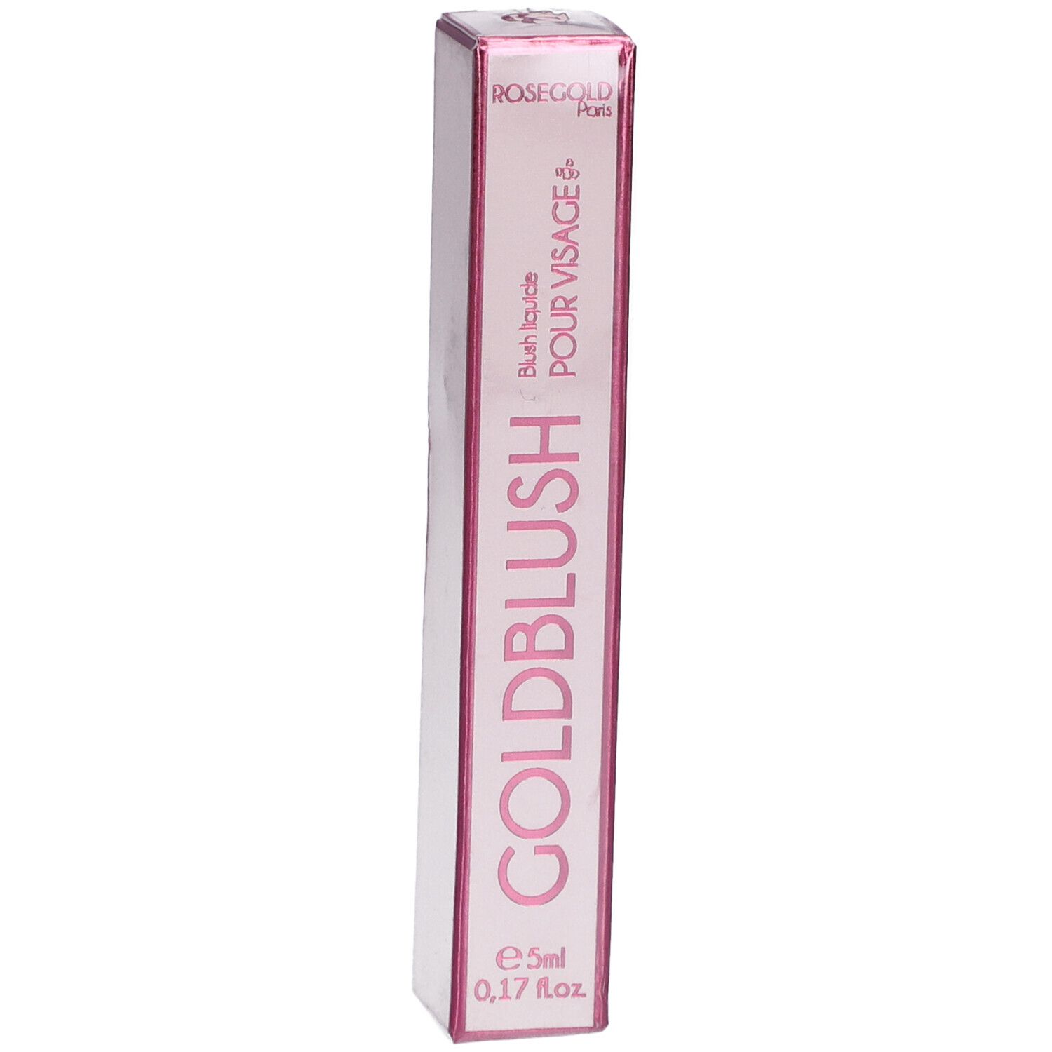 Rosafarbene Verpackung mit Produktnamen GOLDBLUSH. Text: Blush liquide POUR VISAGE. Volumen: 5ml.
