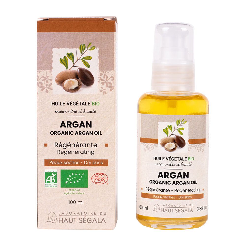 Arganöl-Flasche und Karton. Aufschrift: Argan, Organic Argan Oil, Régénérante, Peaux sèches. Bio-Zertifizierung.