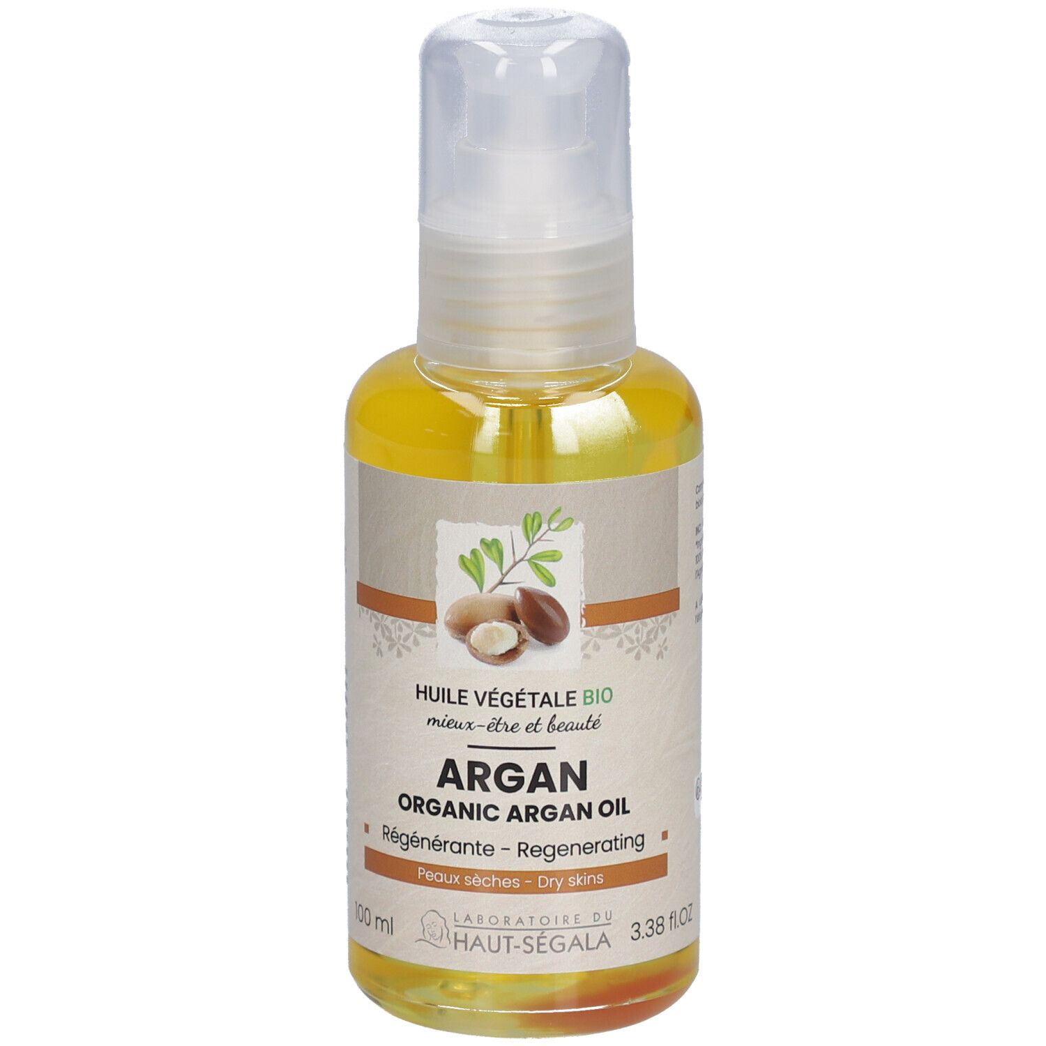 Arganöl-Flasche. Aufschrift: Argan, Organic Argan Oil, Régénérante, Peaux sèches. Bio-Zertifizierung. 100 ml.