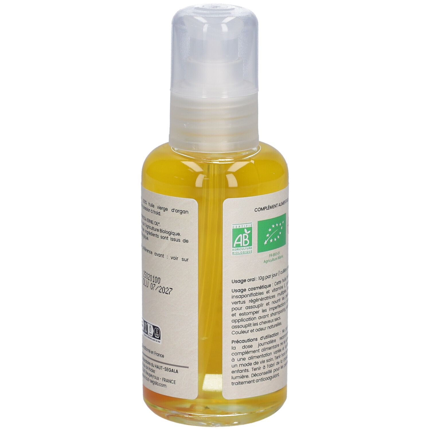 Arganöl-Flasche. Rückseite mit Text. Bio-Zertifizierung. 100 ml. Haltbarkeitsdatum. Inhaltsstoffe.