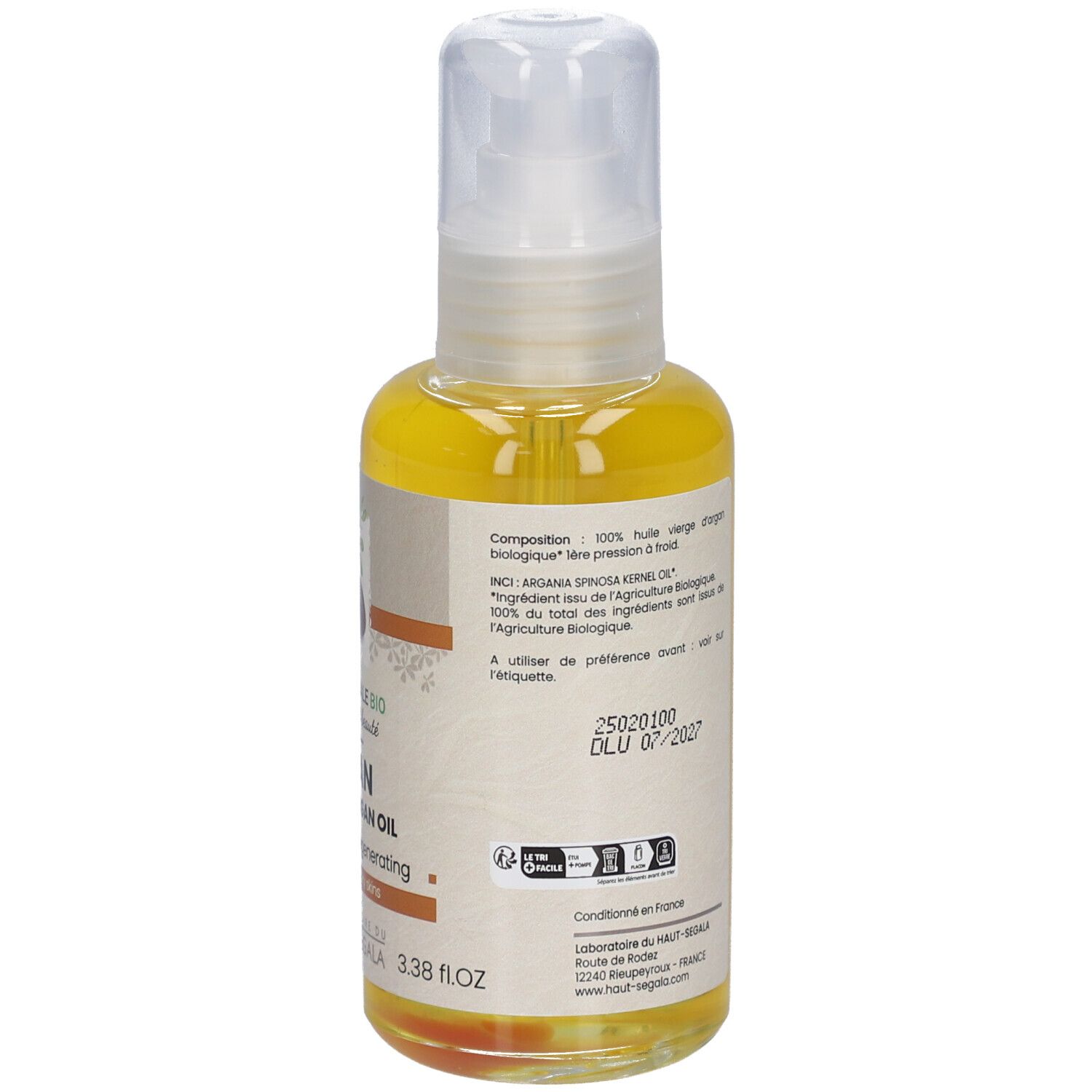 Arganöl-Flasche. Rückseite mit Text. Bio-Zertifizierung. 100 ml. Haltbarkeitsdatum. Inhaltsstoffe.