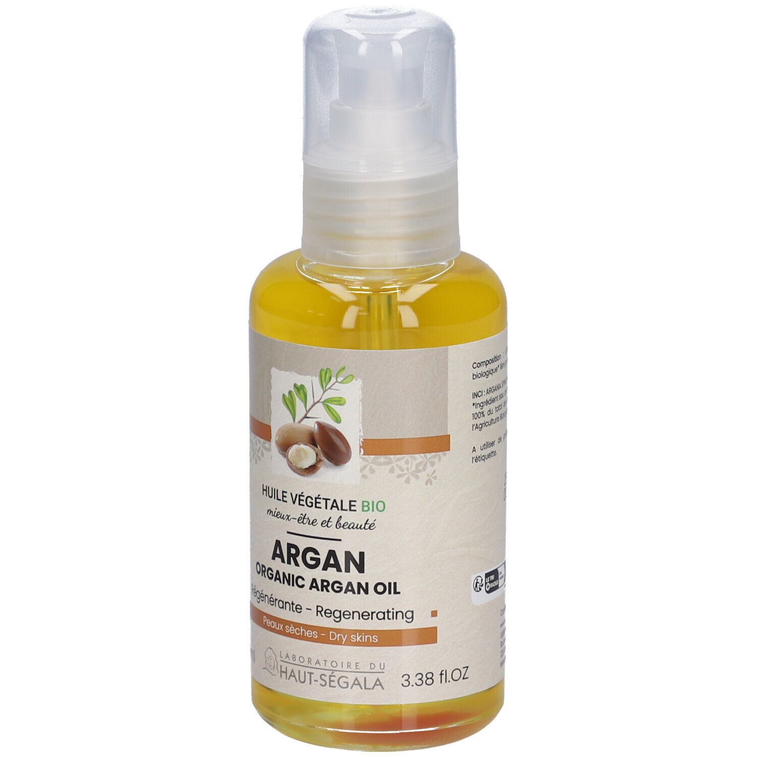 Arganöl-Flasche. Rückseite mit Text. Bio-Zertifizierung. 100 ml. Haltbarkeitsdatum. Inhaltsstoffe.