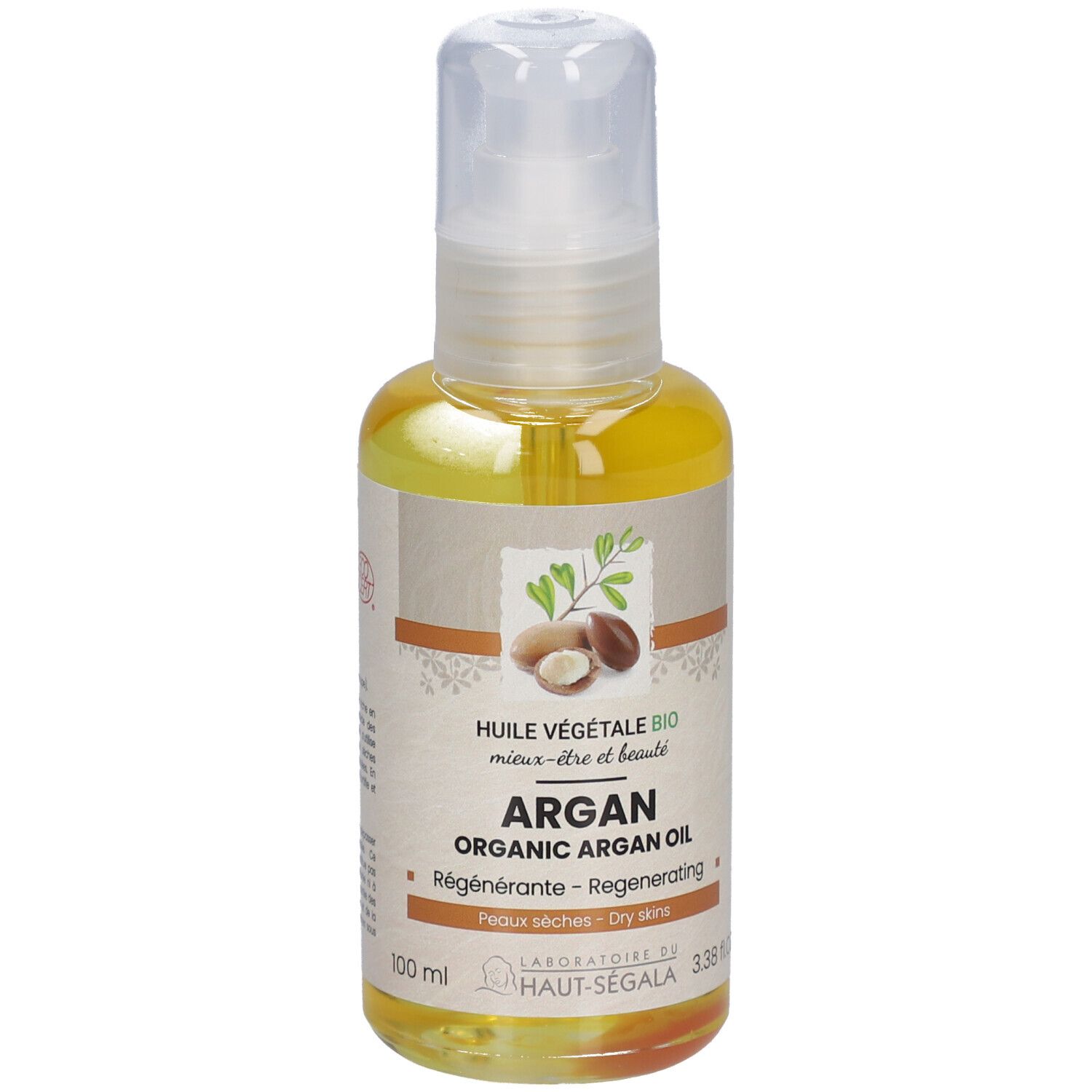 Arganöl-Flasche. Aufschrift: Argan, Organic Argan Oil, Régénérante, Peaux sèches. Bio-Zertifizierung. 3.38 fl oz.
