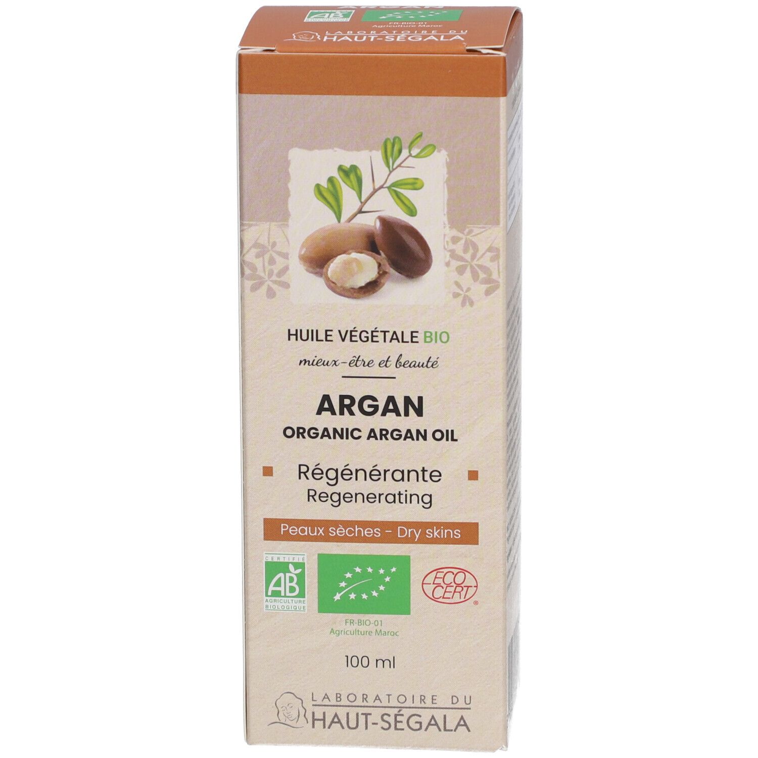 Arganöl-Flasche und Karton. Aufschrift: Argan, Organic Argan Oil, Régénérante, Peaux sèches. Bio-Zertifizierung. 100 ml.