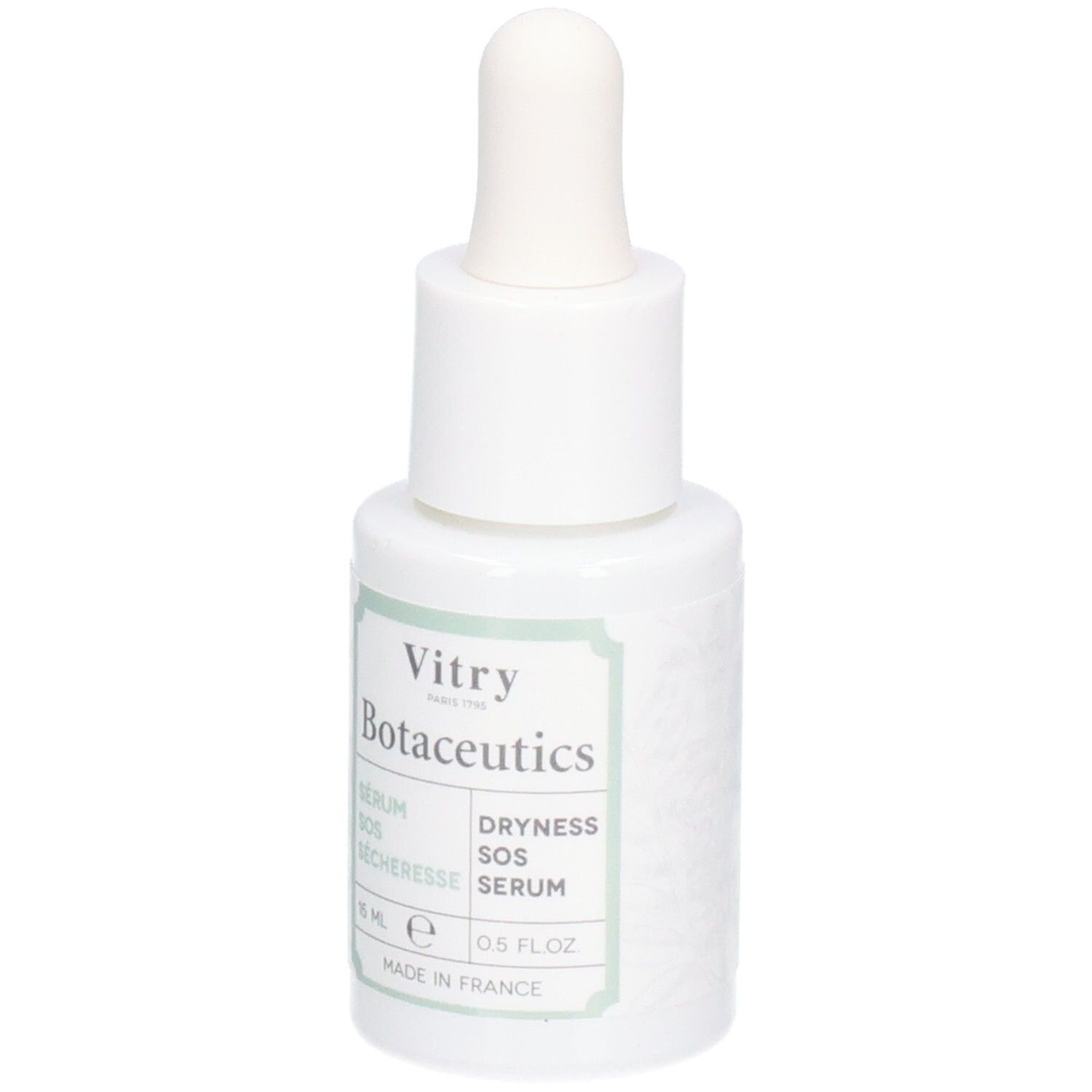 Weiße Flasche mit Tropfer. Aufschrift: Vitry Botaceutics, Sérum SOS Sécheresse, Dryness SOS Serum. 15 ml, 0.5 FL.OZ. Hergestellt in Frankreich.