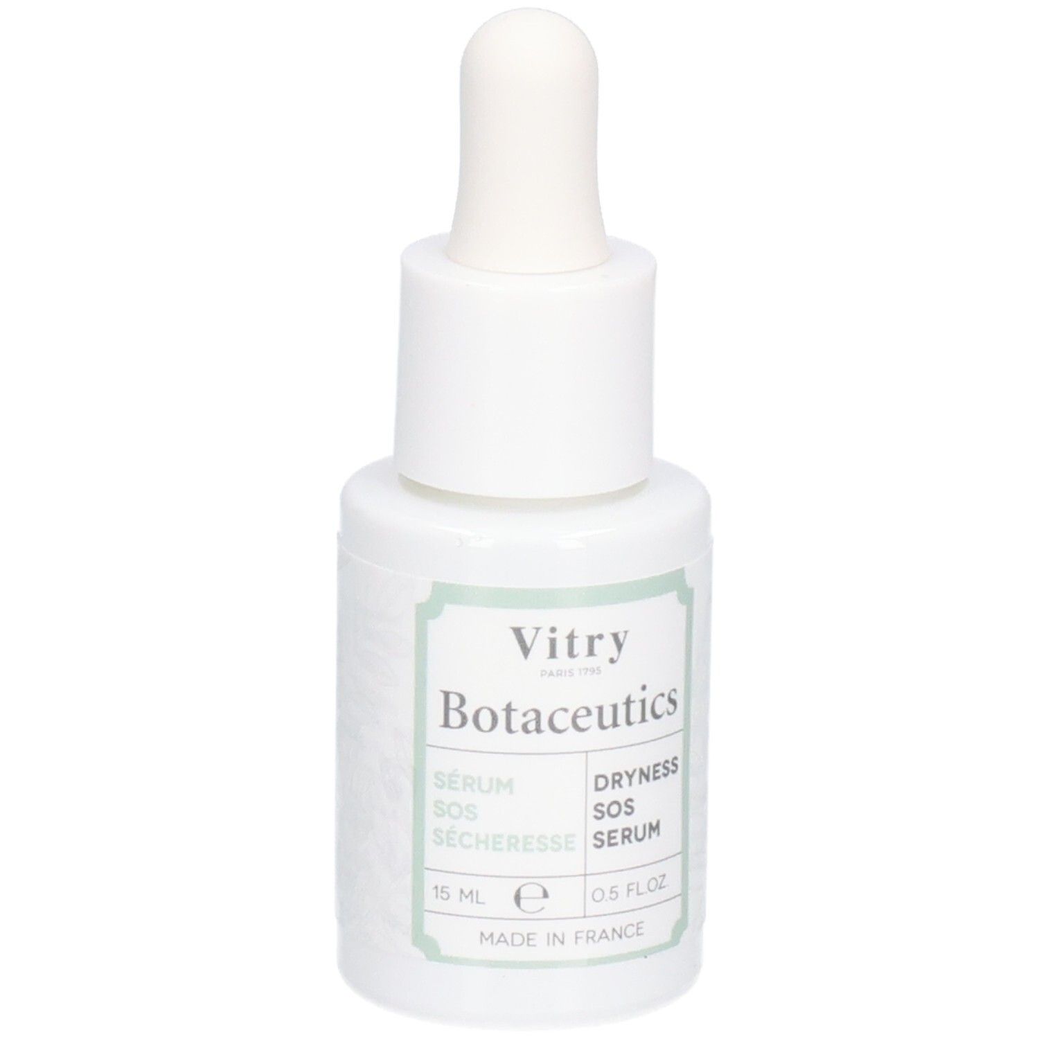 Weiße Flasche mit Tropfer. Aufschrift: Vitry Botaceutics, Sérum SOS Sécheresse, Dryness SOS Serum. 15 ml, 0.5 FL.OZ. Hergestellt in Frankreich.