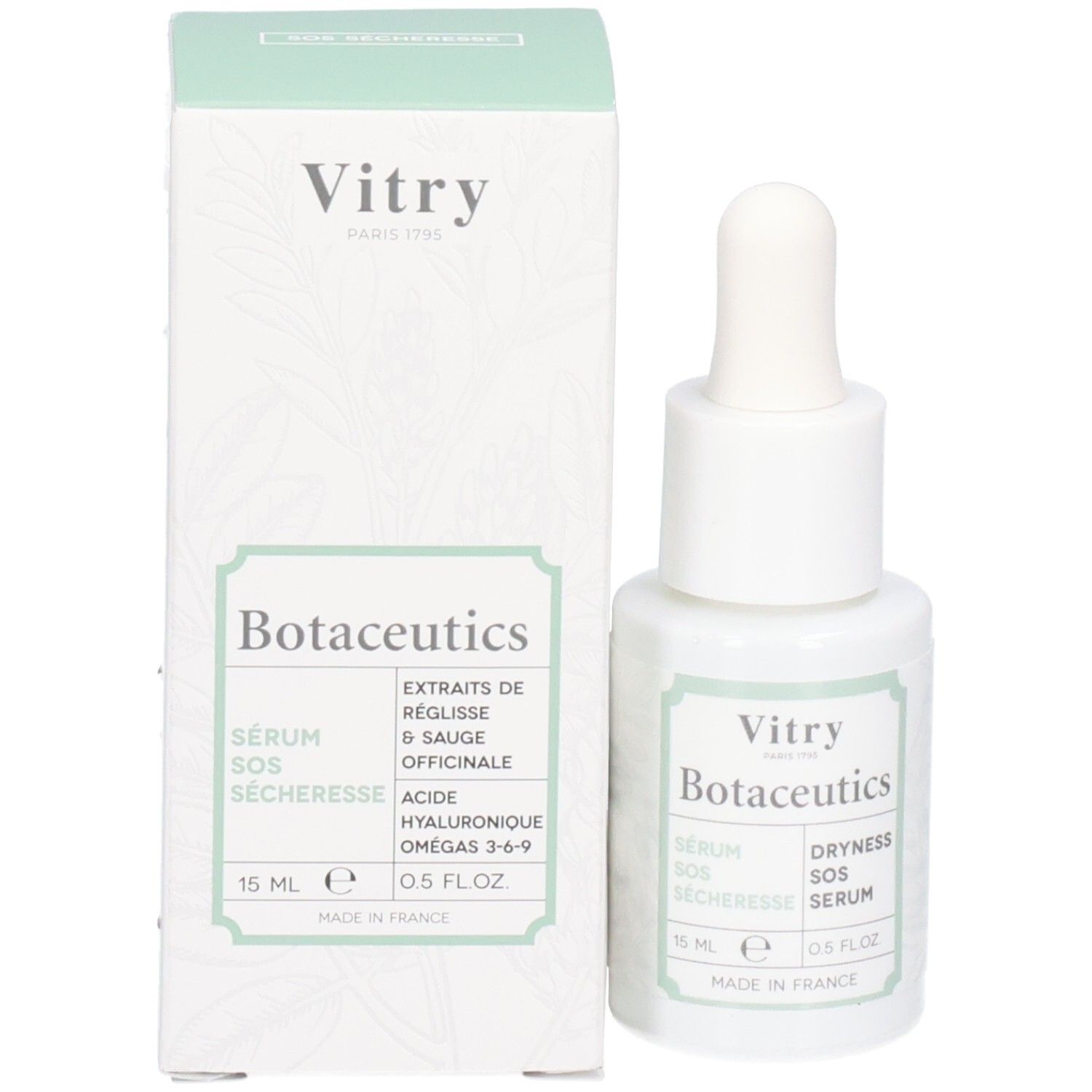 Produktverpackung und Flasche. Aufschrift: Vitry Botaceutics, Sérum SOS Sécheresse, Dryness SOS Serum. 15 ml, 0.5 FL.OZ. Mit Inhaltsangaben.