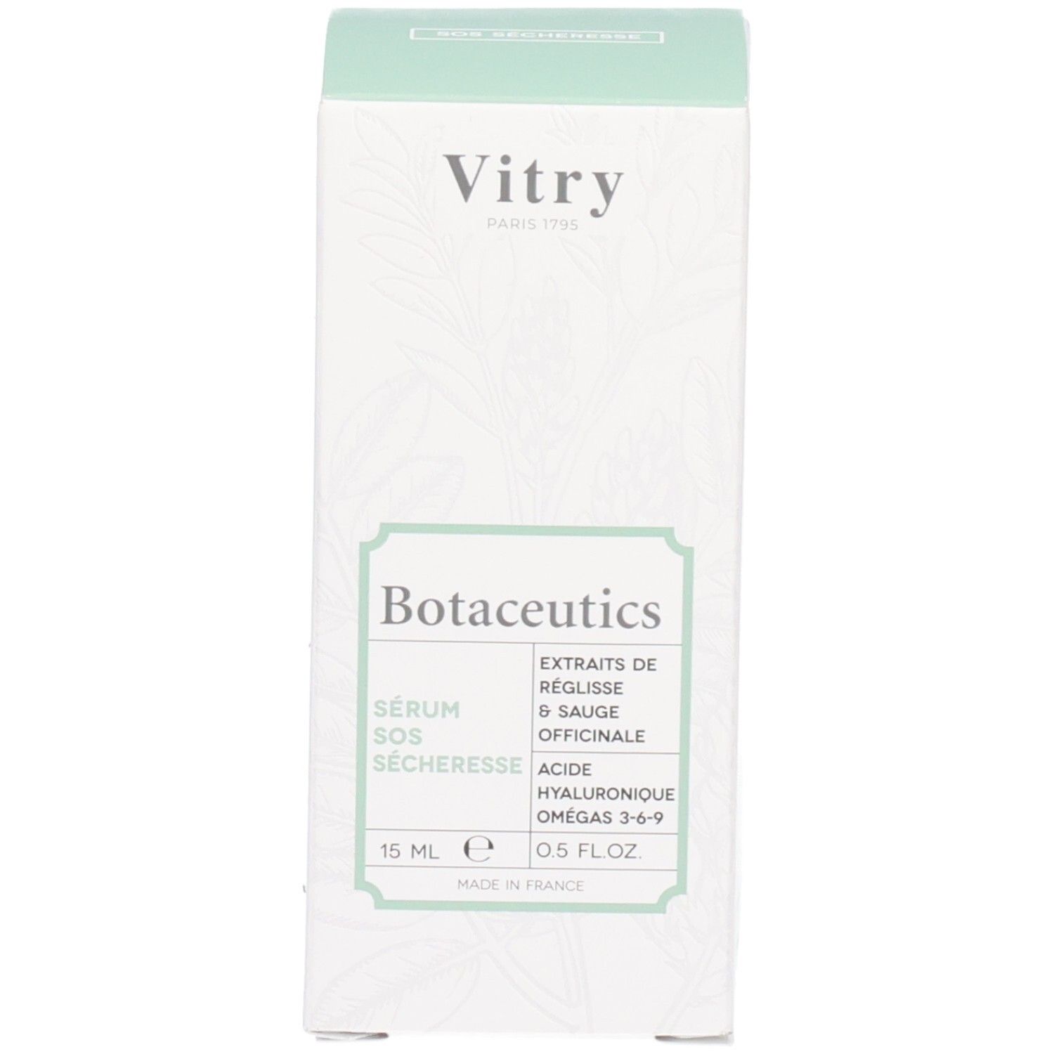 Produktverpackung. Aufschrift: Vitry Botaceutics, Sérum SOS Sécheresse, Dryness SOS Serum. 15 ml, 0.5 FL.OZ. Mit Inhaltsangaben.