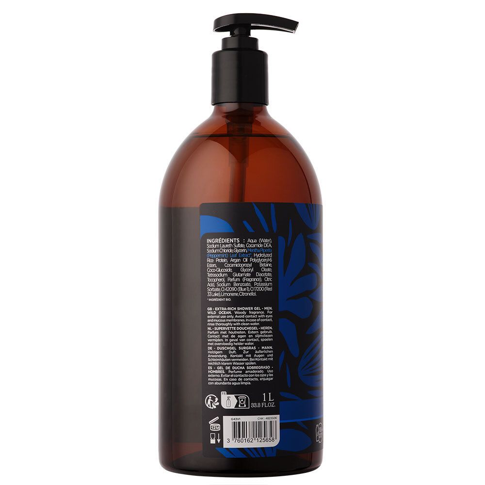 Dos d'une bouteille marron avec pompe noire. Étiquette avec feuilles bleues et texte: Ingrédients, 1 L.
