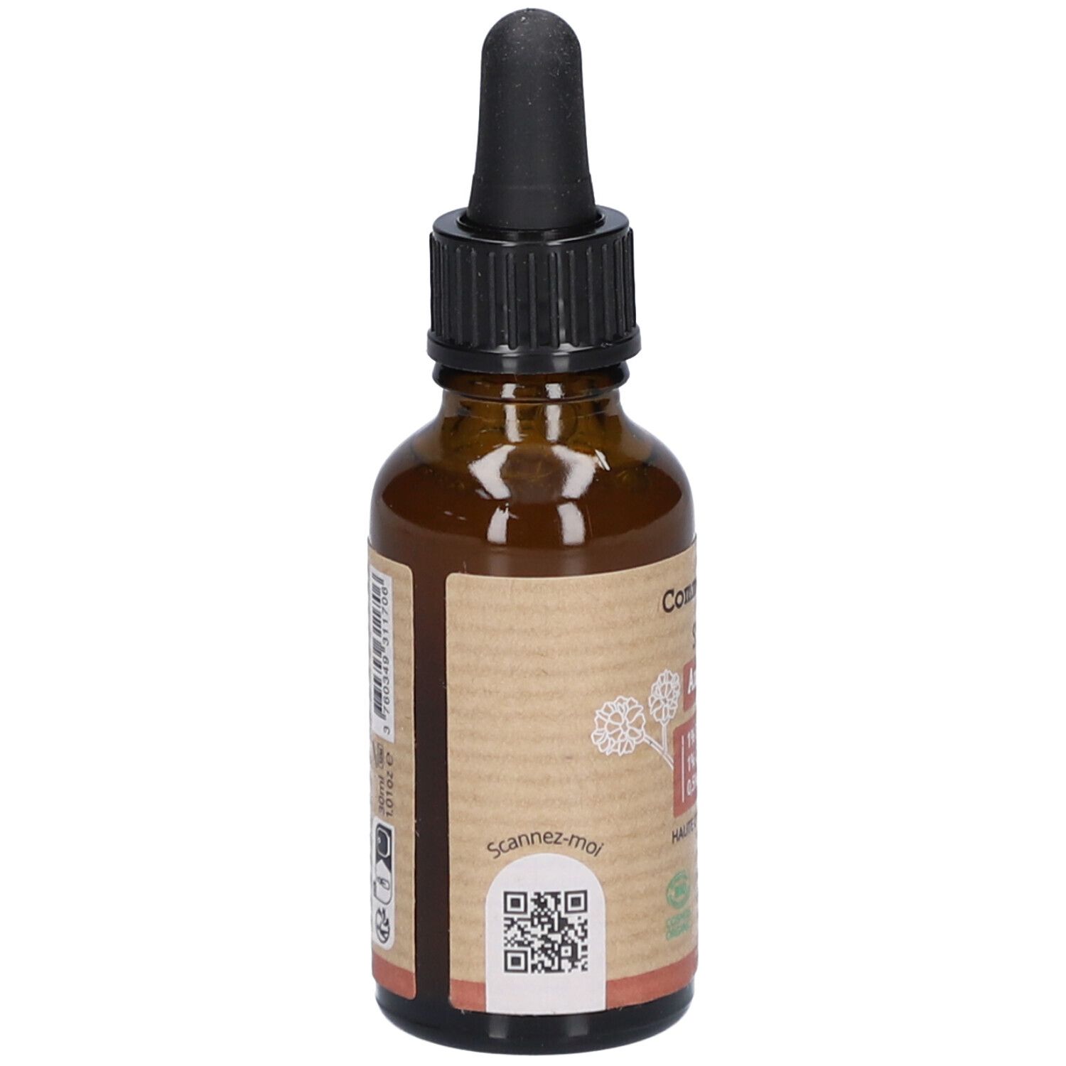 Dos d'un flacon en verre brun avec compte-gouttes noir. Étiquette avec code QR et texte. Label Vegan.