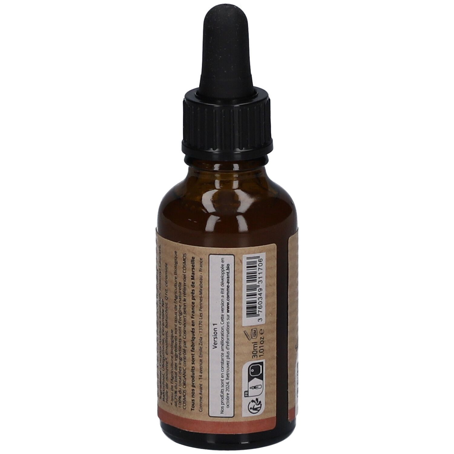 Dos d'un flacon en verre brun avec compte-gouttes noir. Étiquette avec texte et code-barres. 30 ml.