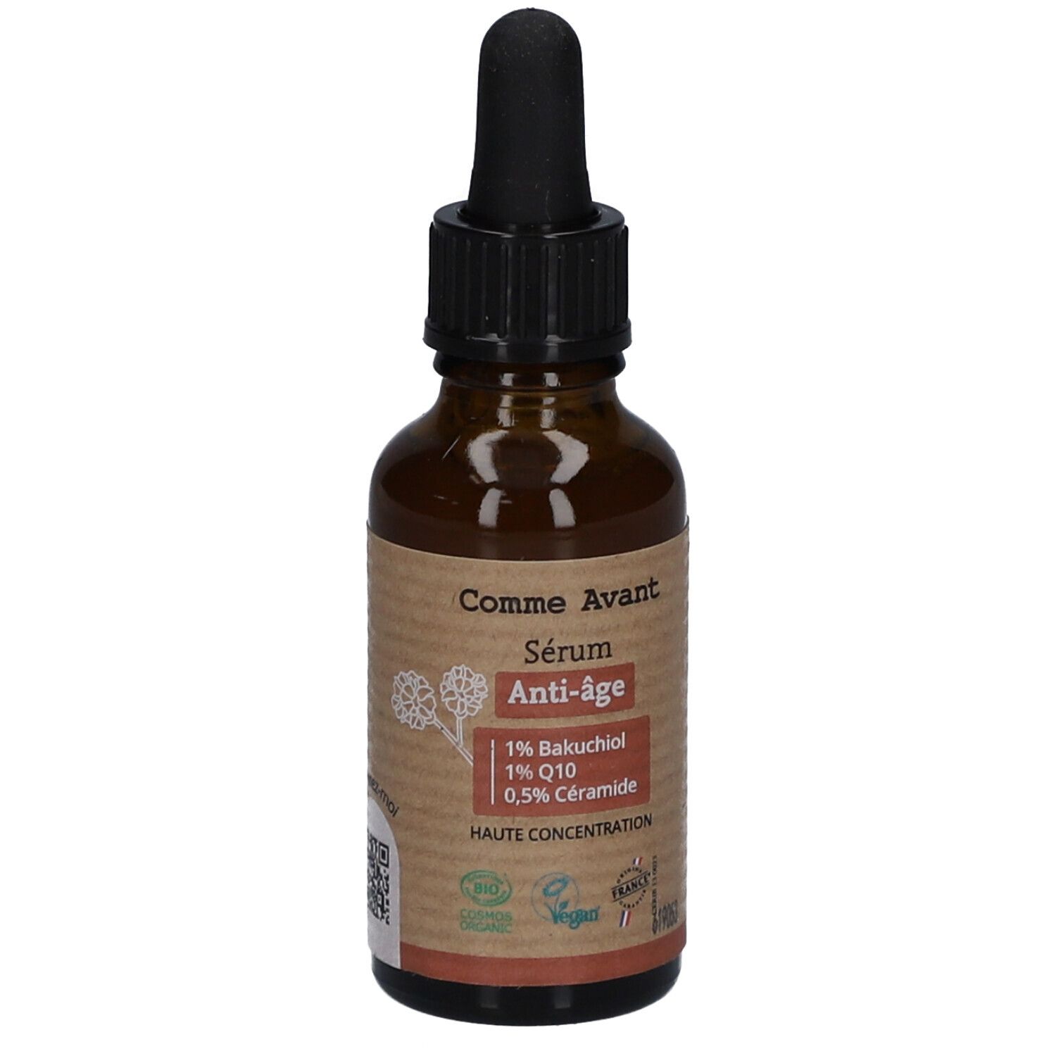 Flacon en verre brun avec compte-gouttes noir. Étiquette avec nom du produit, « Sérum Anti-Âge » et ingrédients. Label Vegan.